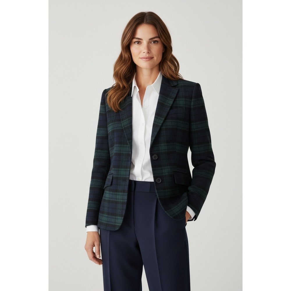 Talbots Petite Black Watch Plaid Wool Blend Blazer Jacket Green Navy 8P PH5090